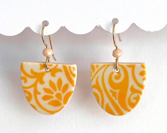 Mustard Yellow, paisley, Handmade Beaded Porcelain Earrings, Gold Filled Wire, Lightweight