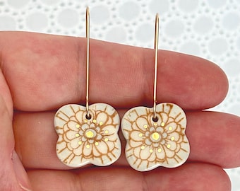 Calico Clover Porcelain Earrings: Hand-Printed, 18k Gold Luster