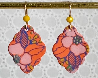 Tangerine & Sky Blue, Hand Painted Porcelain Floral Earrings, Gold Filled Wires, Contemporary Matte Finish, Colored Porcelain, Gift for her