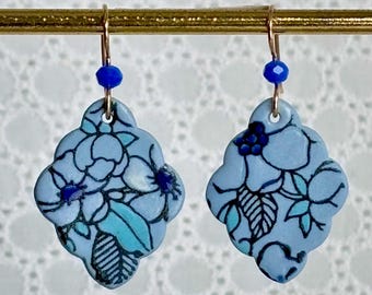 Blue Porcelain Apple Blossom Pattern Earrings, Hand Painted Floral Print, Gold Filled Wires, Gift for Her, Spring Jewelry
