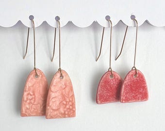 Satin peach, Hand Painted Porcelain Earrings, Hydrangea Embossed Print, Gold Filled, ceramic earring