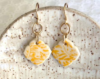 Mustard print, dangle, ceramic, light weight, Handmade Porcelain Leaf Print Earrings, Gold Filled Ear Wire