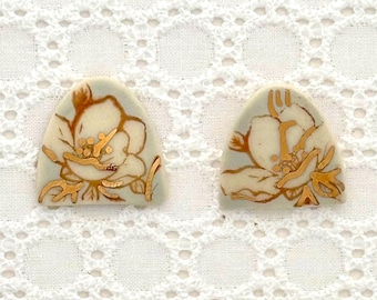 Floral jewelry, ceramic jewelry, Silk Screened Magnolia Earrings: Porcelain Clay, Surgical Steel, stud ear