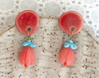 Porcelain Clay Floral Stud Earrings: Coral & Light Blue Beaded Ceramic
