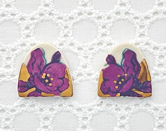 Violet and Gold, studs, ceramic, light weight, Silk Screened Magnolia Earrings: Porcelain Clay, Surgical Steel