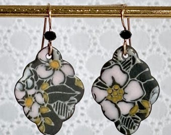 Hand Painted Porcelain Apple Blossom Earrings, Gold Filled Wires