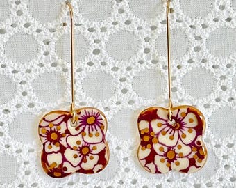 Calico Clover Porcelain Earrings: Hand-Printed Ceramic with 18K Gold Luster