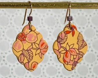 Hand Painted Porcelain Floral Earrings, Gold Filled Wires, Matte Surface