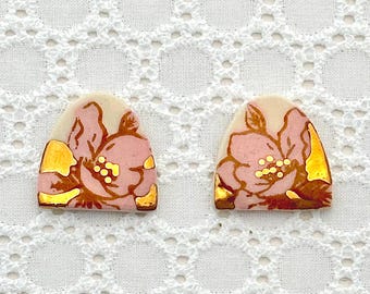 Magnolia Floral Porcelain Stud Earrings: Silk Screened Ceramic Jewelry