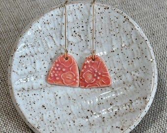 Peach Earrings, Porcelain Jewelry,  Embossed Hydrangea Earrings with gold filled ear wires