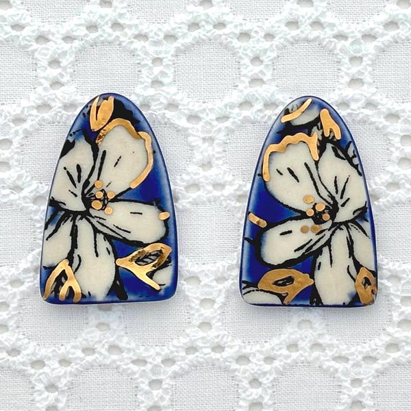Silk Screened Magnolia Earrings: Porcelain Clay, Surgical Steel
