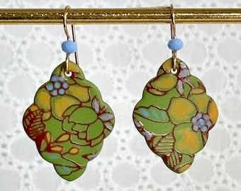 Hand Painted Porcelain Apple Blossom Earrings, Gold Filled Wires, Contemporary Matte Finish