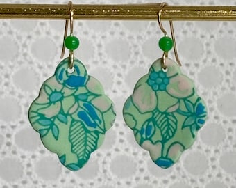 Green Porcelain Clay, Gift for her, Hand Painted Porcelain Floral Earrings, Gold Filled Wires, Matte Finish, Mint Apple Blossom, Mothers Day