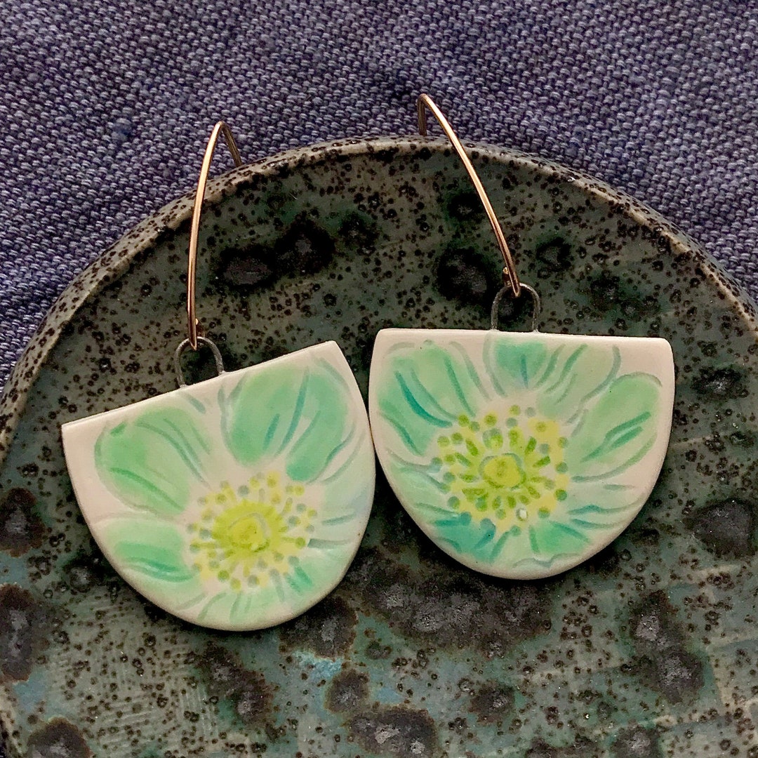 Mint Rose Earrings Porcelain Earrings 18K Gold Luster Gold Etsy