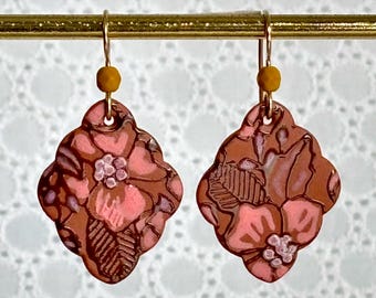Hand Painted Porcelain Floral Earrings, Gold Filled Wires, Contemporary Matte Finish