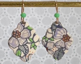 Hand Painted Porcelain Apple Blossom Pattern Earrings, Gold Filled Wires, Matte Finish, Gardeners Gift, Flower lovers gift