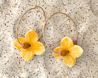 Grass Green Flower Hoops, Porcelain Wallflower Earrings, Hand-Printed Ceramic with 18K Gold Luster, glass beads,