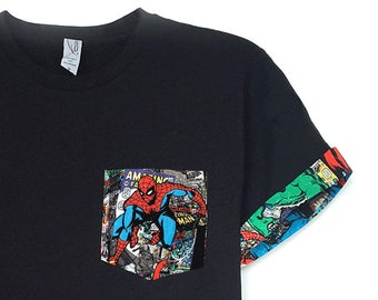 Marvel Shirt, Spiderman Shirt, Spiderman Pocket Roll-up T-Shirt, Avengers T-shirt, Super Hero T-shirt, Spiderman Pocket Shirt