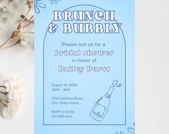Brunch & Bubbly Bridal Shower Invitation | Printable Digital Invite | Instant Download | Editable Invitation Template | Blue Bridal Shower