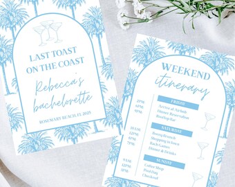 Last Toast on the Coast Bachelorette Invitation & Itinerary, Blue Bachelorette Itinerary, Editable Canva Template, Digital Download