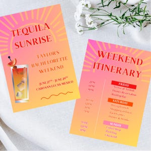 Op de afbeelding: Twee kleurrijke evenementkaarten met een roze en gele gradiënt achtergrond. Eén kaart leest "Tequila Sunrise" en beschrijft een vrijgezellenweekend in Cabo San Lucas. De andere kaart is een weekendroute.