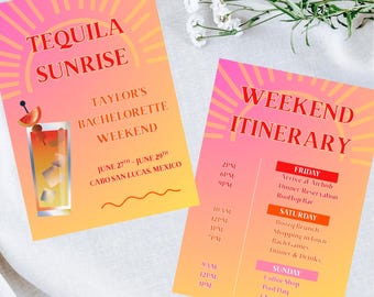 Invitation EVJF Tequila Sunrise & itinéraire, itinéraire EVJF, invitation à une soirée Bach, modèle de toile éditable, téléchargement numérique
