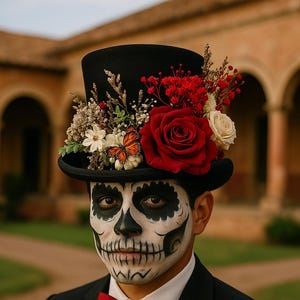 Sombrero de copa, sombrero de novio, día de los muertos, tocado de flores, corona de flores mexicana, tocado del Día de los muertos, tocado de calavera de azúcar