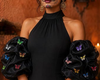 Catrina Sleeves Outfit, Catina accessories, Catrina Costume, Black Organza sleeves, Black Puff Sleeves, Mexico Outfit, Mexicana Outfit