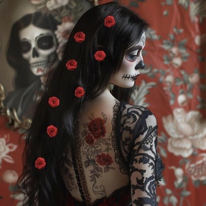 Clip de flores rojas, tocado rojo, clips de flores, tocado de Día de Muertos, tocado de Día de Muertos, tocado de Catrina