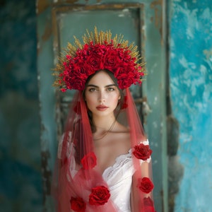 RED halo crown, Day of the dead crown, flower headpiece, Mexican flower crown, Dia de los muertos headpiece, Bridal Shower headpiece,