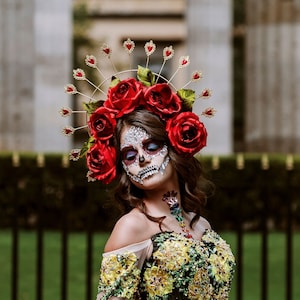 Dag van de Doden-kroon, bloemenhoofddeksel, Mexicaanse bloemenkroon, Dia de los muertos-hoofddeksel, rode kroon