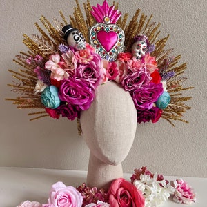 Day of the dead crown, flower headpiece, Mexican flower crown, Dia de los muertos headpiece, red crown