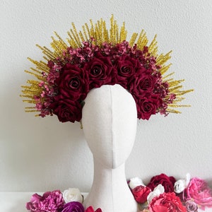 WINE RED crown , Day of the dead crown, flower headpiece, Mexican flower crown, Dia de los muertos headpiece, red crown