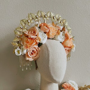 Corona nupcial, corona de halo, corona del día de muertos, tocado de flores, corona de flores mexicana, tocado del día de los muertos, corona roja