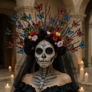 Corona de Día de Muertos, tocado de flores, corona de flores mexicana, tocado de Día de Muertos, corona roja
