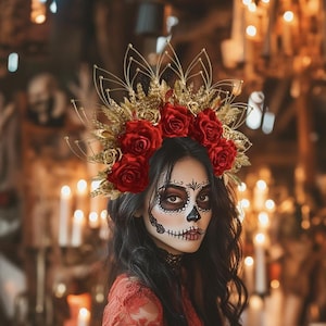 Coroa de Dia de los Muertos, Coroa de Noiva, Coroa de Halo, Frida Khalo, Coroa do Dia dos Mortos, Adereço de cabeça de flores, Coroa de flores mexicanas
