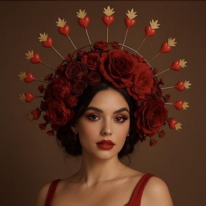 Corona del Día de los Muertos, lista para enviar, tocado de flores, corona de flores mexicanas, tocado del Día de los Muertos, corona roja