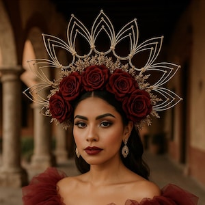 Bridal Crown,Halo crown, Day of the dead crown, flower headpiece, Mexican flower crown, Dia de los muertos headpiece, red crown