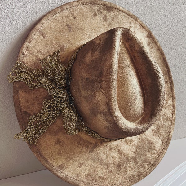 GOLD Cowgirl Hat Western Bride Hat Bridal Cowboy hat Cowgirl bridal hat Fedora hat Bridal headpiece Flower hat Bohemian bridal hat