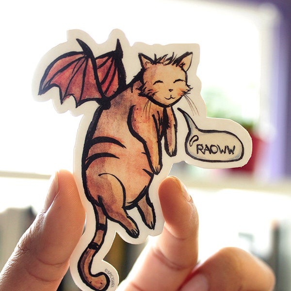 Fat Dragon Cat - Watercolor Vinyl Sticker