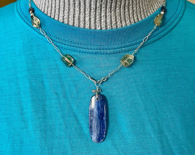 Blue Kyanite Smoky Citrine Chromium Diopside And Sterling Silver Chain Necklace