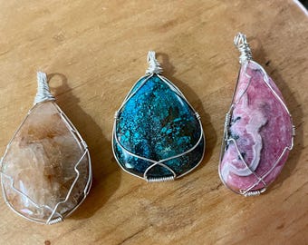 3 Sterling Silver Wire Wrapped Pendants Rutile Quartz Chrysocolla Rhodonite