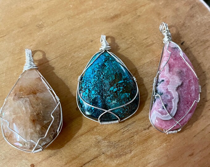 3 Sterling Silver Wire Wrapped Pendants Rutile Quartz Chrysocolla Rhodonite