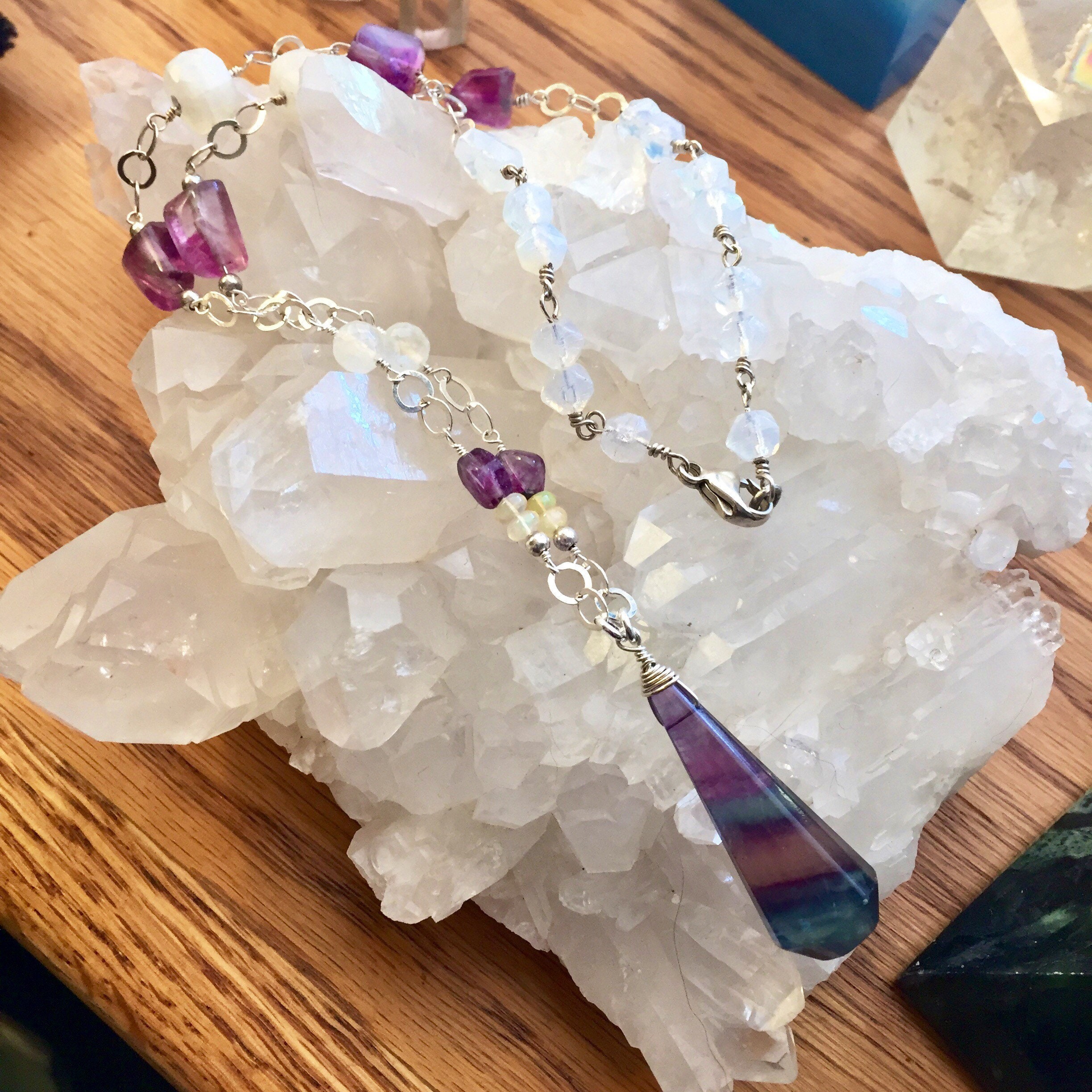 Fluorite, Moonstone and Opal crystal necklace with Sterling Silver
