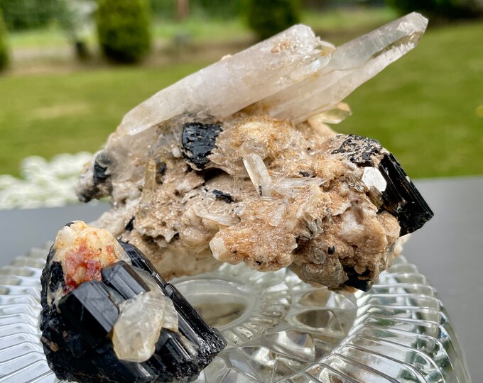 Black Tourmaline and Quartz Clusters Set of 2