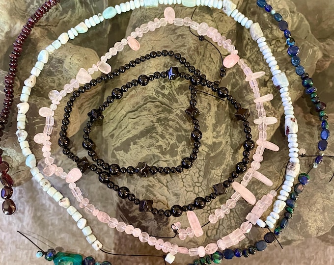 5 gemstone bead strands Tourmaline Rose Quartz Larimar Chrysocolla Garnet