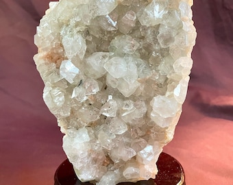 6.83 lb Apophyllite Stilbite Chalcedony Crystal Cluster on Wood Stand
