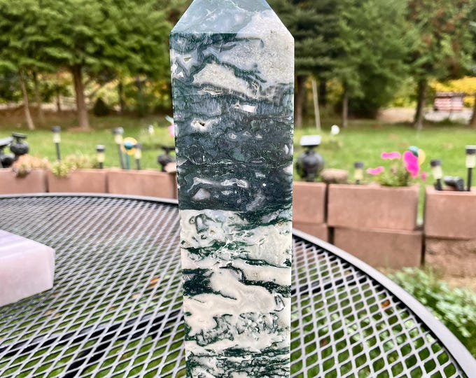 4.44 lbs Moss Agate Obelisk Pillar Tower Point Wand Column Generator