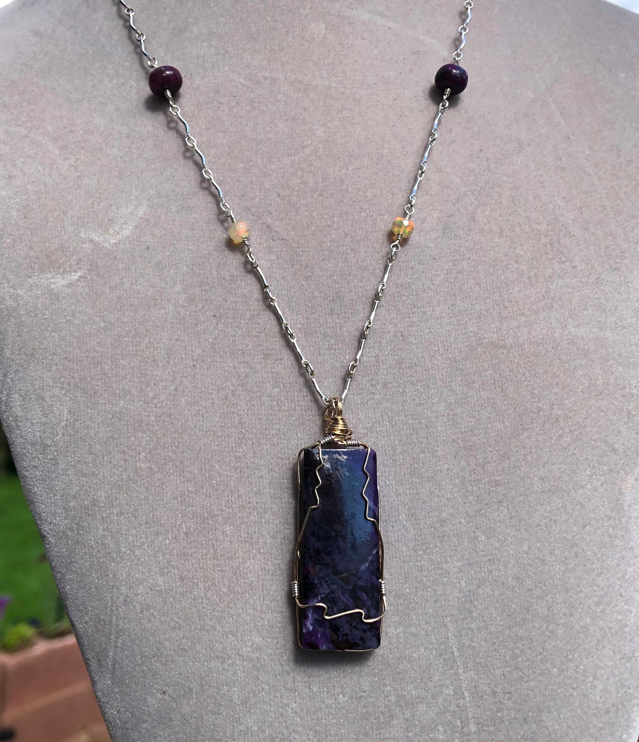 Sugilite Necklace With Ethiopian Opal Ruby Kyanite Sterling Silver Bar ...