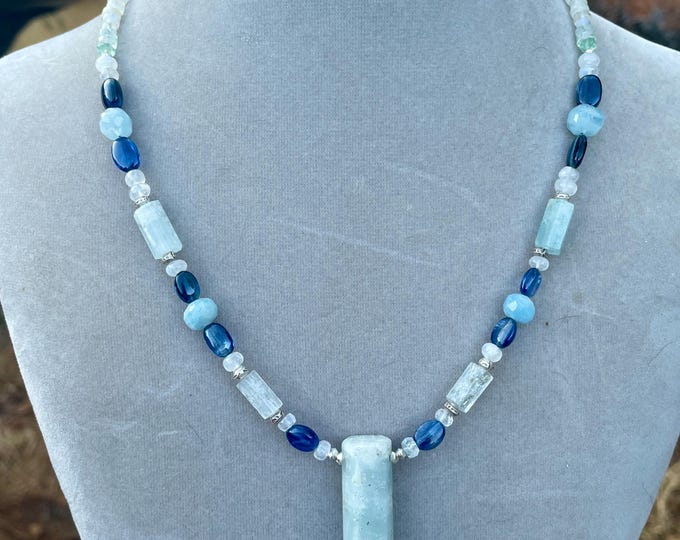 Aquamarine Necklace  with Moonstone Kyanite and Sterling Silver